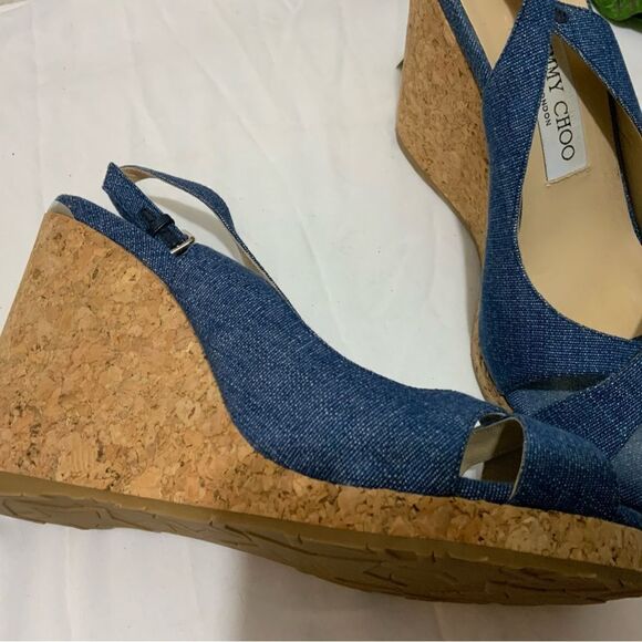 Jimmy Choo Amely 105 Slingback Sandals Denim Cork Wedges size 39.5 - Picture 11 of 13